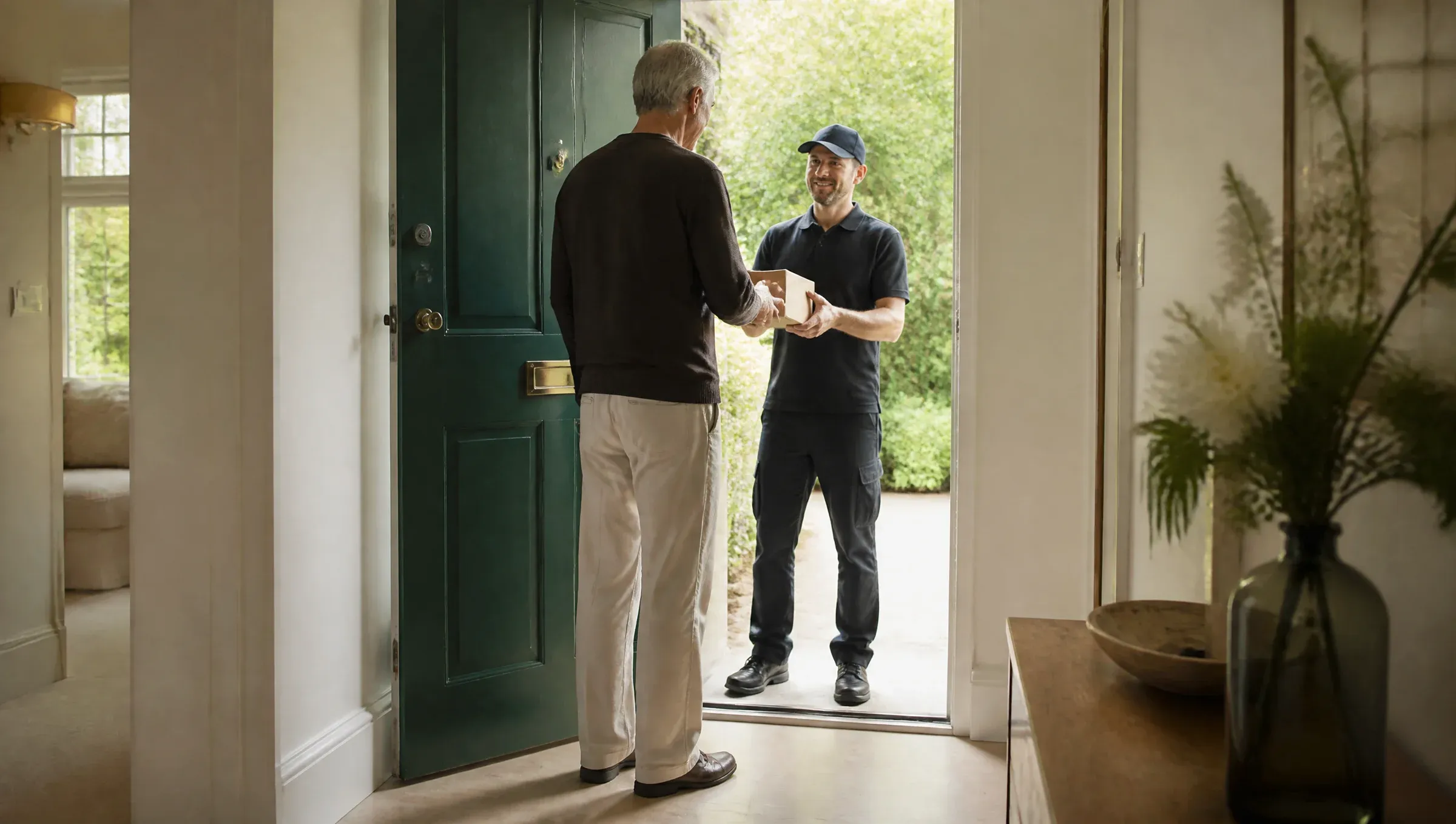 Un hombre abre la puerta al repartidor