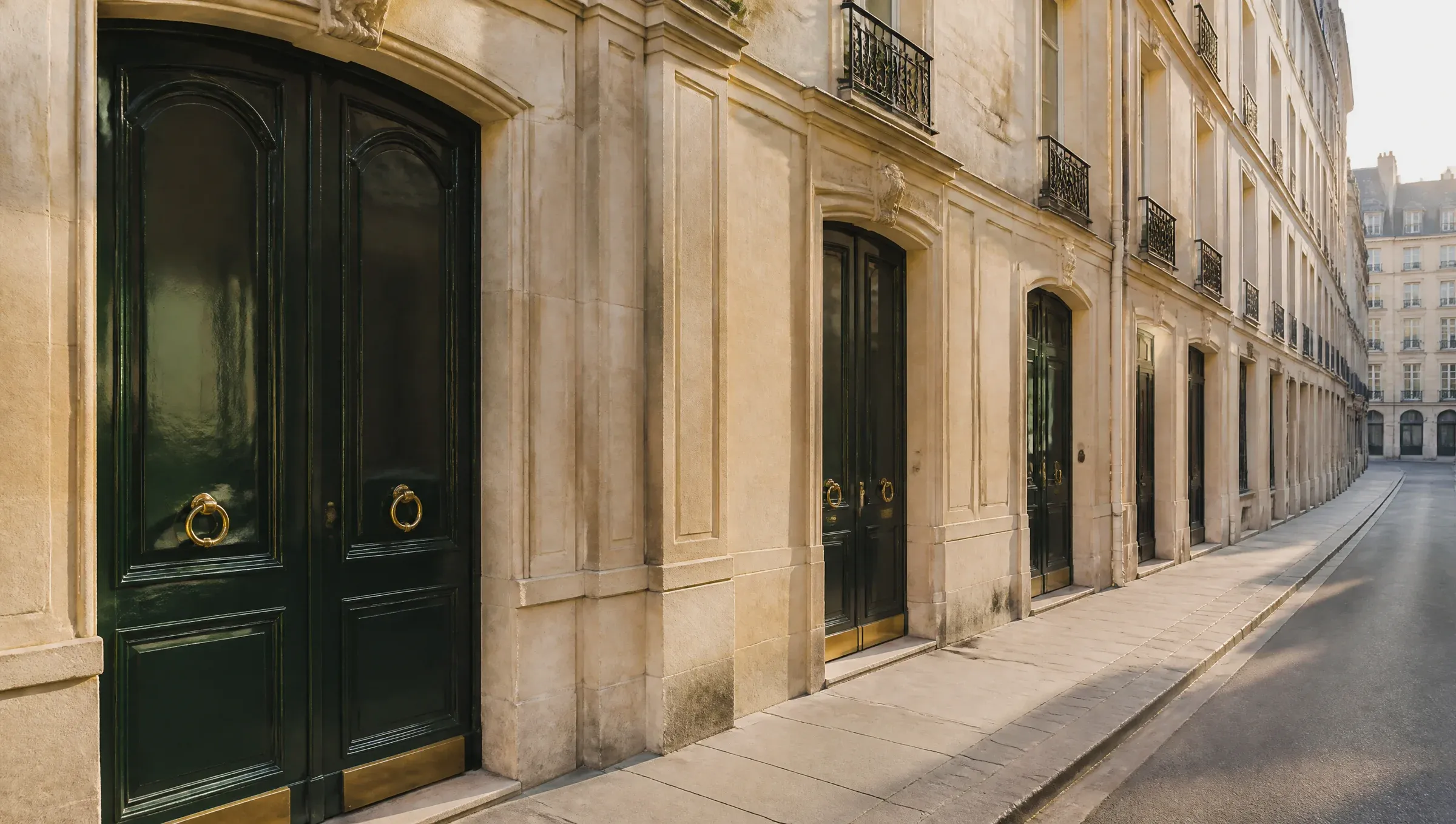 Una calle de París al amanecer, con puertas verdes y fachadas de piedra