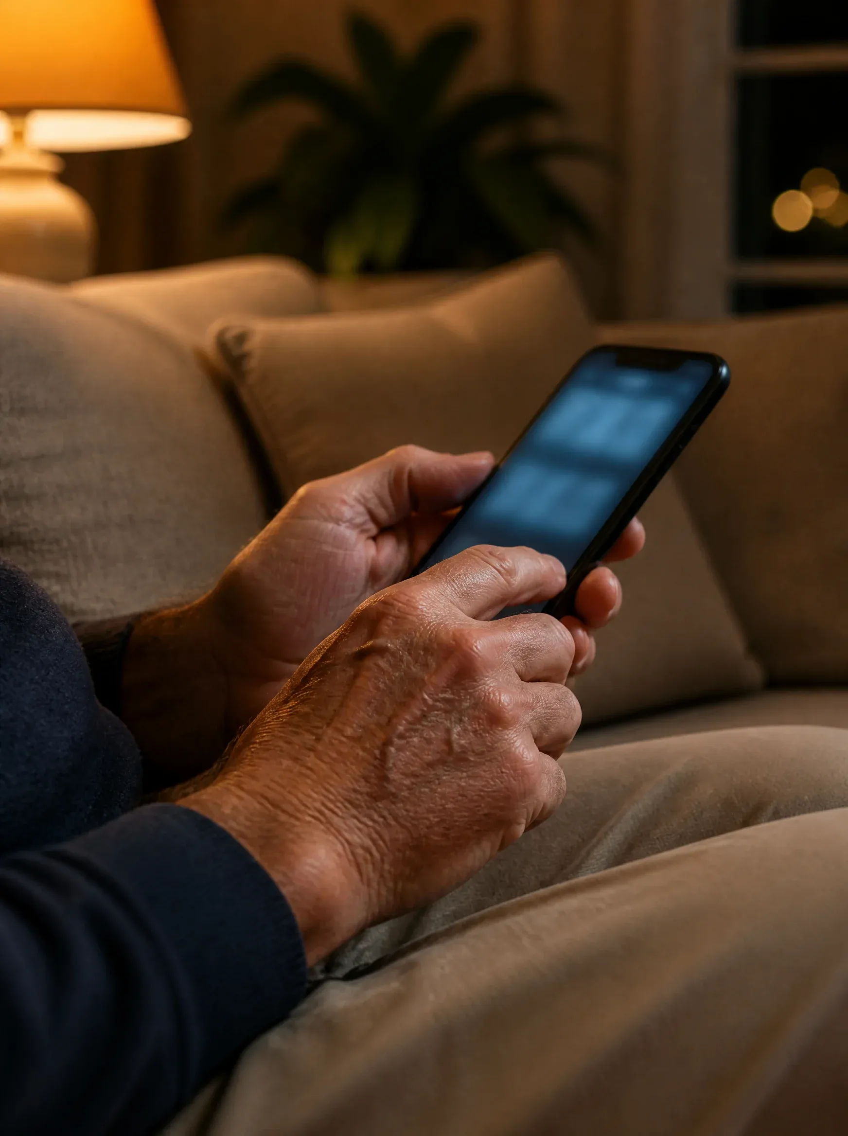 Las manos de un hombre escriben en el teléfono mientras está sentado en el sofá